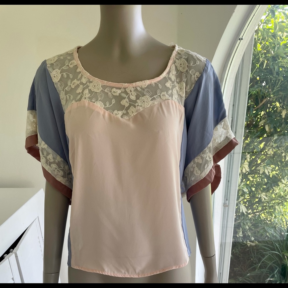 Akira Chicago Red Label Top Pink and Blue with Lace Inserts S  Runs Full